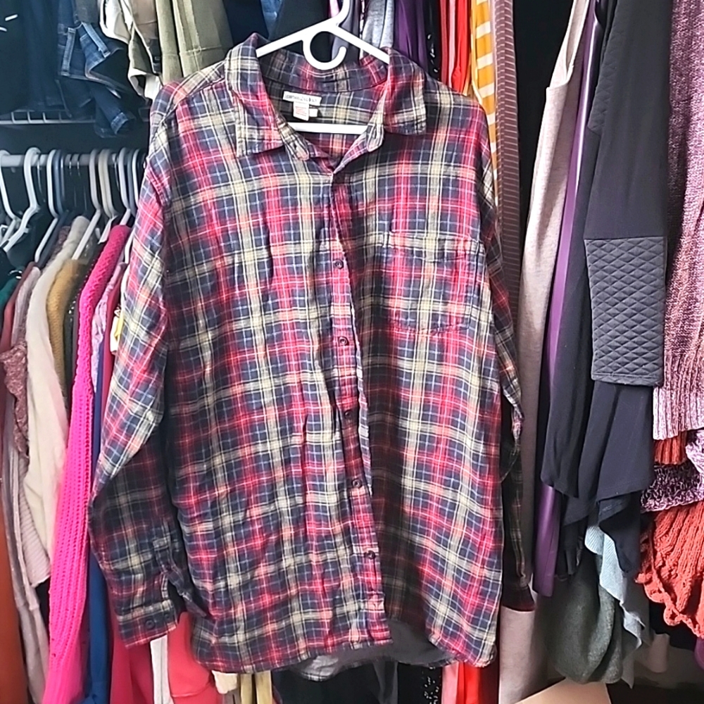 Carbon2Cobalt Mens XLT Shirt Upper Echelon Long Sleeve Plaid Red Blue Cotton‎